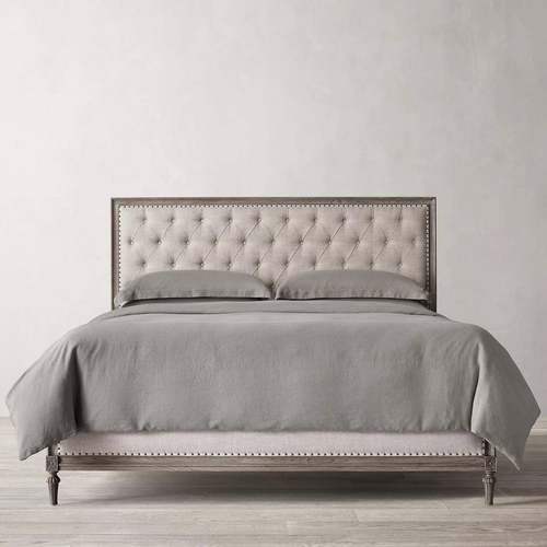 RH美式乡村复古实木床1.8米双人床做旧主卧法式橡木高背布艺婚床