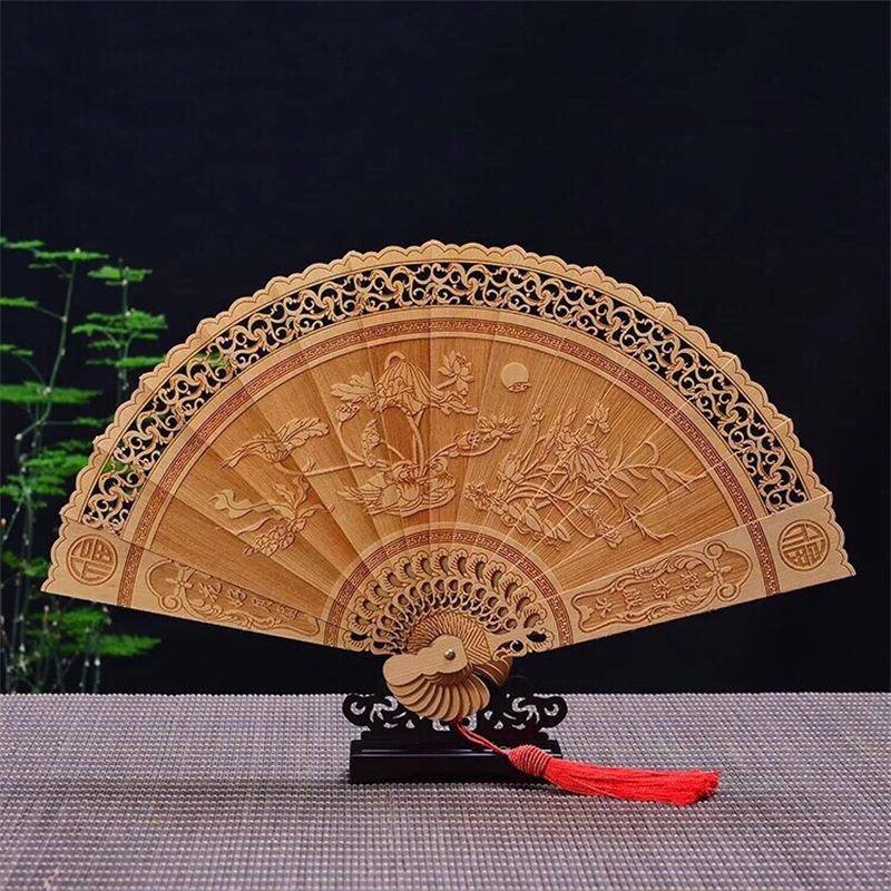 丝楠崖柏夏木雕扇子美镂空金精工艺品折扇日WCJ新款扇子景区厂家