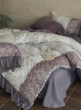 法式古风XDSm全棉双层纱四件套复蕾丝花边纱布被套床单1.8用床上