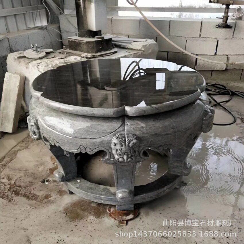 中式仿古镂空镜面青石鼓桌