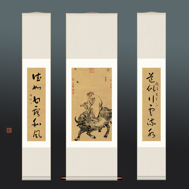 孔子画像老子骑牛图供奉学堂书房客厅卷轴挂画竖版喷绘复古