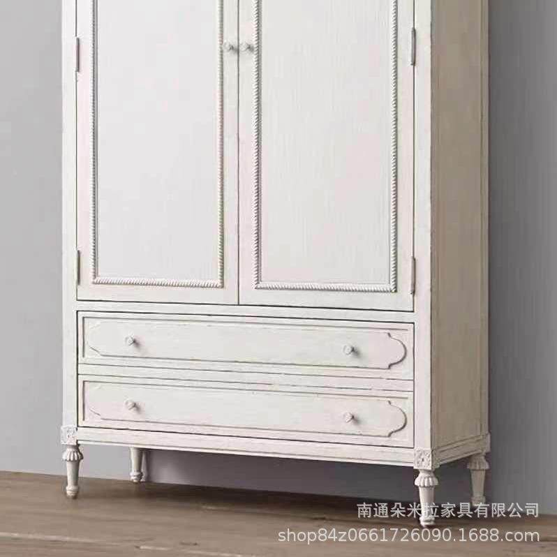 EHQ美式乡村实木橡木雕古做旧白花两色门卧室复儿童衣柜