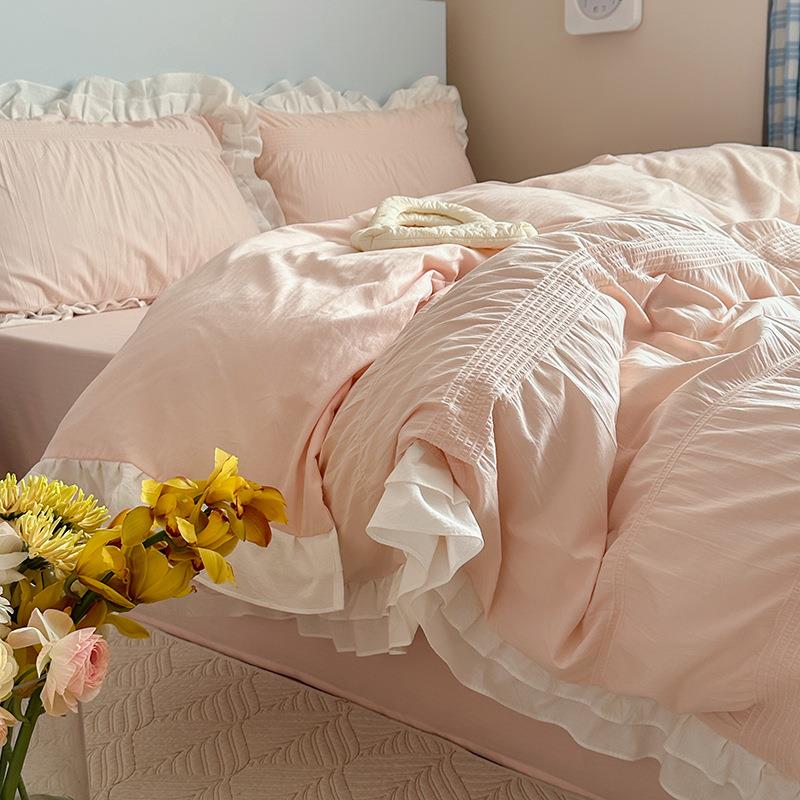 法式泡纱全棉水洗棉四件套公LZW主风韩式纯花边棉床单床上泡用品