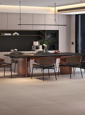 全木餐中古色风黑胡桃现代简约INT轻桌奢意式极简黑色岩板餐桌实