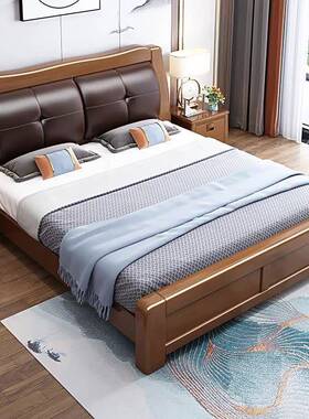 实主木床卧床1中.5-1XUL.婚8米双人床现代简约卧室储物软包经济新