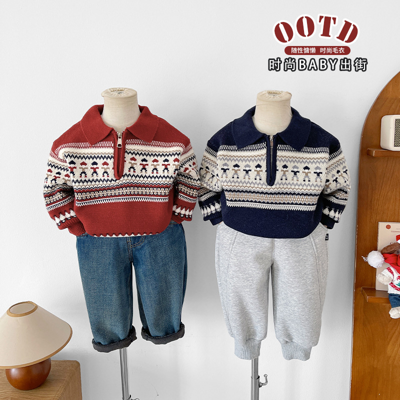 风之谷2025冬款新款童装儿童加厚圣诞红毛衣男女童翻领卡通针织衫