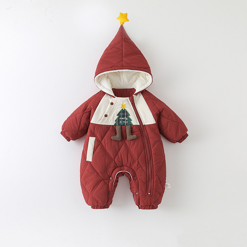婴儿衣服冬款加厚夹棉连体衣小月龄宝宝外穿连帽加绒棉衣可爱抱衣