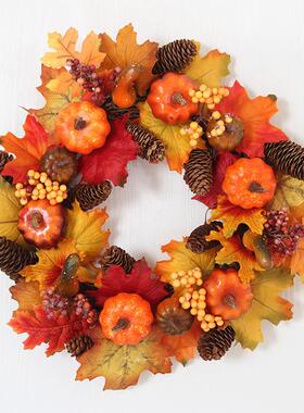 婷芷万圣节花环装饰品40CM橙色南瓜枫叶插枝装饰门饰挂件