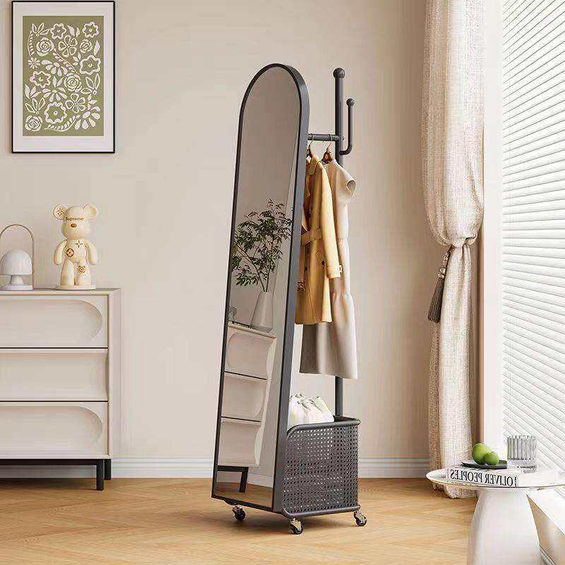 现代简约衣帽架一体镜落地穿衣镜可移动全身镜女生卧室挂衣架带篮