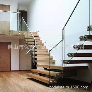 钢木Y型两边跑整体悬浮钢木栏杆浮动楼梯玻璃护栏工厂定