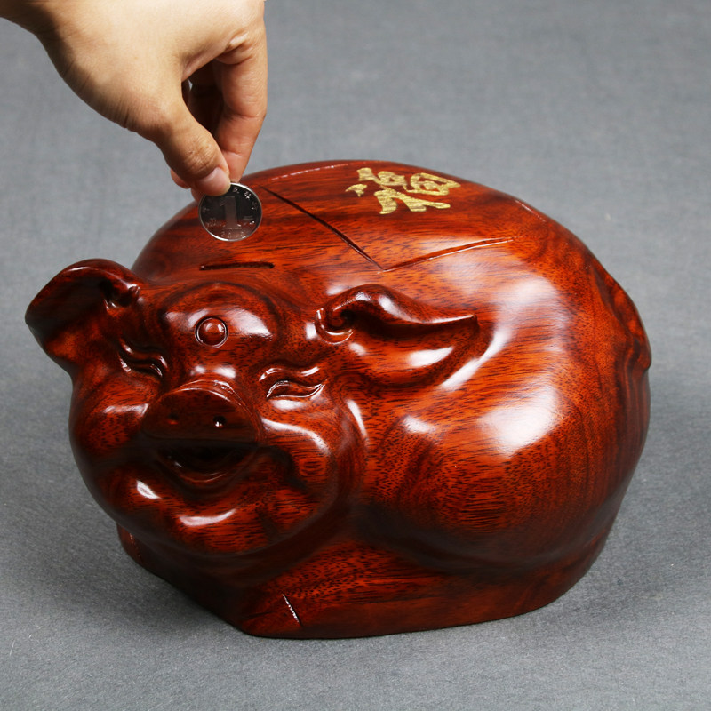 红木雕猪储蓄罐摆件 大号30cm存钱罐实木质创意储钱罐红色