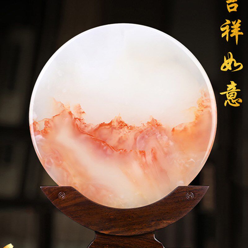 睿琳玉石平安扣摆件意境山水玉璧客厅玄关酒柜装饰开业乔迁送礼
