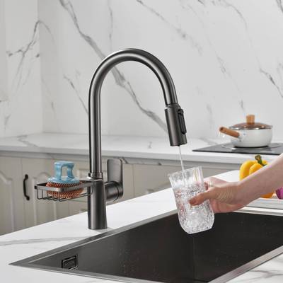 全铜带置物三管合冷一热带净水功篮能厨房抽拉龙头直饮PCW水双道