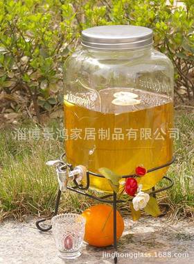 厂销升玻璃果汁罐带水嘴带果汁瓶铁JH186208座架底柠檬水瓶
