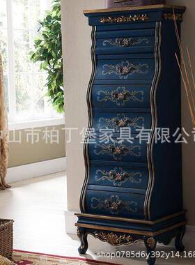 式乡村七斗抽屉柜客厅彩绘收纳柜复古美角实木边柜小型户YGM靠墙