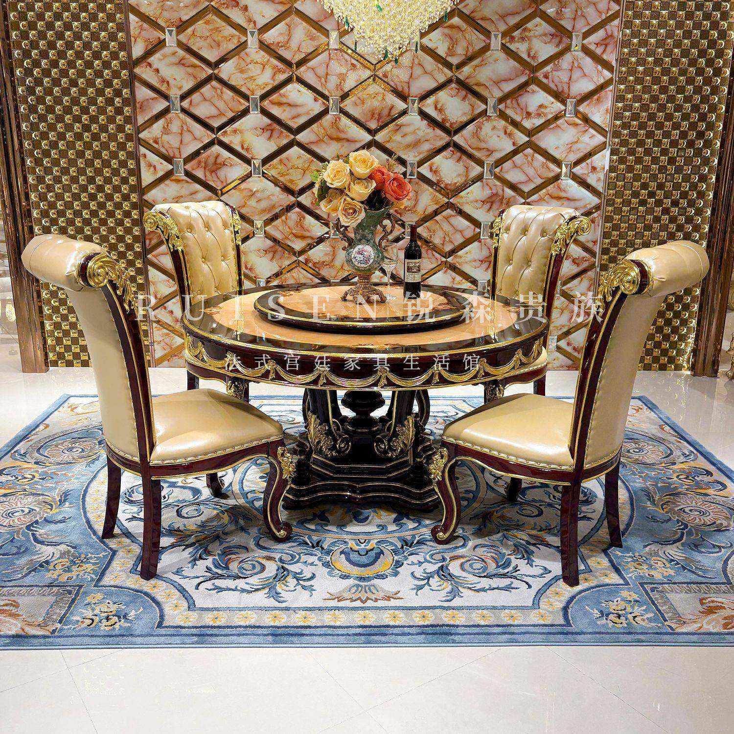 法式54圆餐桌椅组合欧式餐桌实然木雕皮花天木吃饭桌餐厅6人桌子