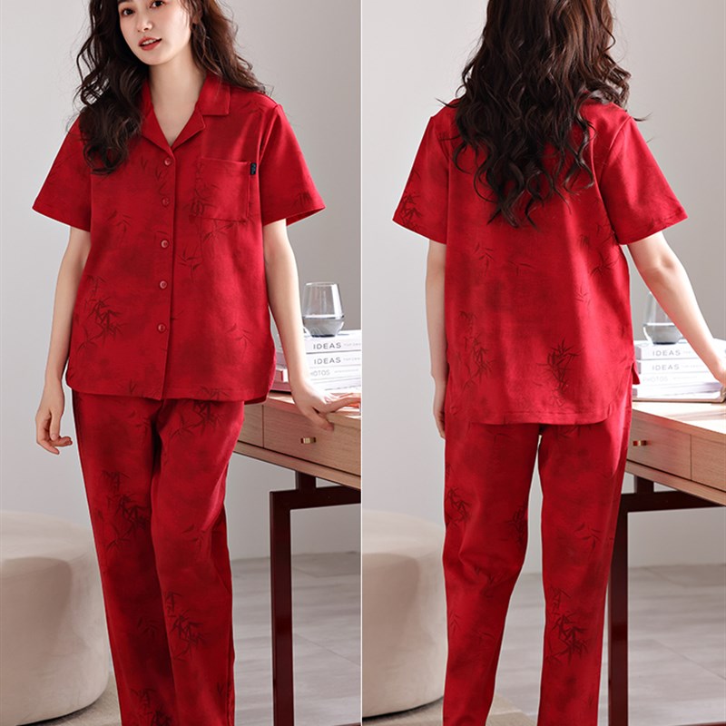 新款睡衣女士夏季纯棉短袖长裤家居服夏天夏款本命年大红色套装