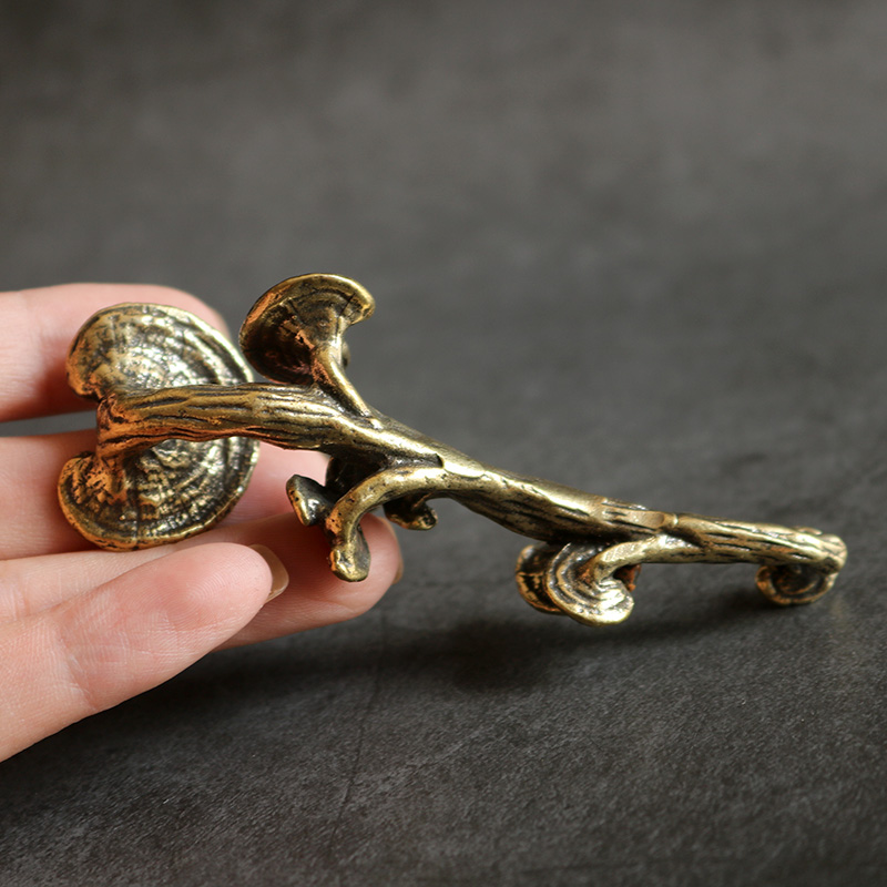 复古实心纯黄铜办公桌面车载小摆件灵芝人参随身工艺礼品摆饰手把