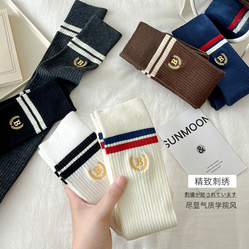 压力瘦腿过膝袜女春秋学院风二杠纯棉JK黑白色长筒袜子高筒大腿袜