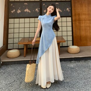 大码新中式提花假两件短袖连衣裙女夏季胖mm温柔收腰旗袍长裙子