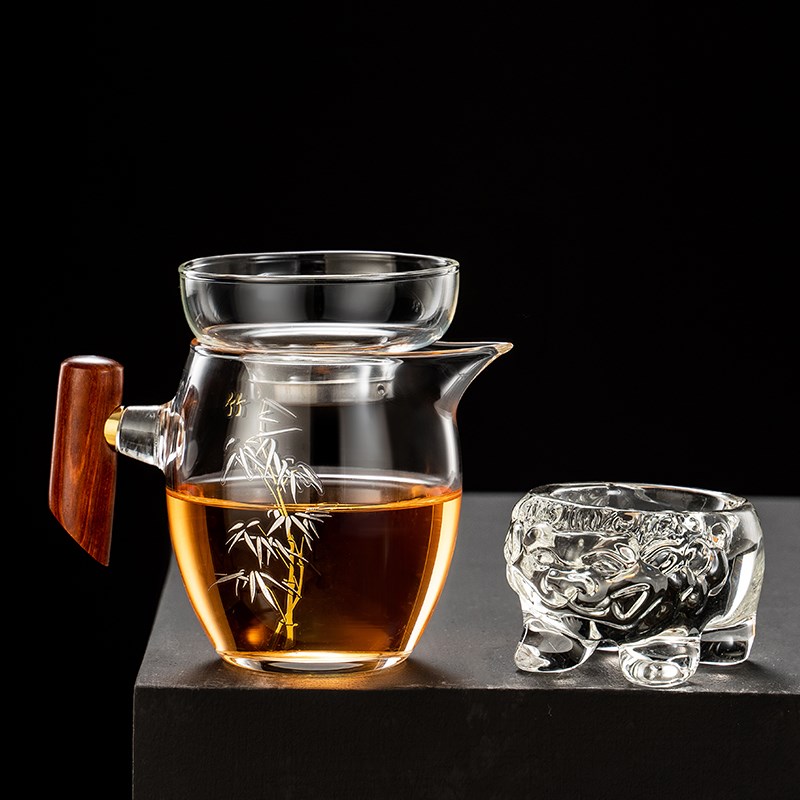 高端盖碗公道杯茶漏三件套过滤网茶水分离泡茶杯高硼硅耐热玻璃杯