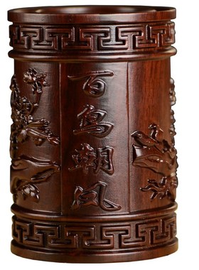 黑檀木雕白鸟朝凤笔筒工艺品办公室书桌家居客厅木质笔筒摆件送礼