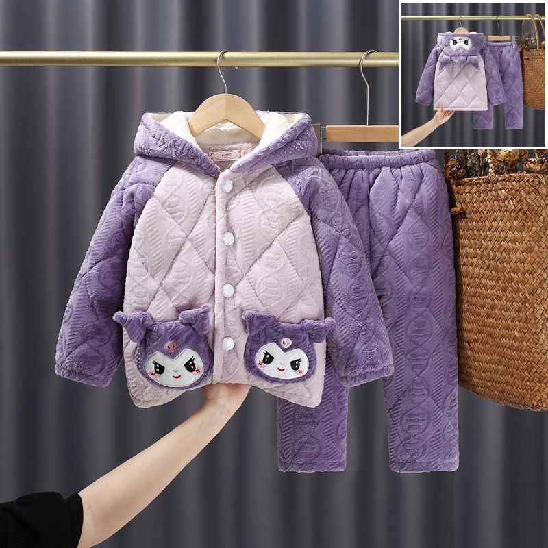 冬季新款女童三层加厚夹棉珊瑚绒睡衣套装法兰绒女孩保暖家居服