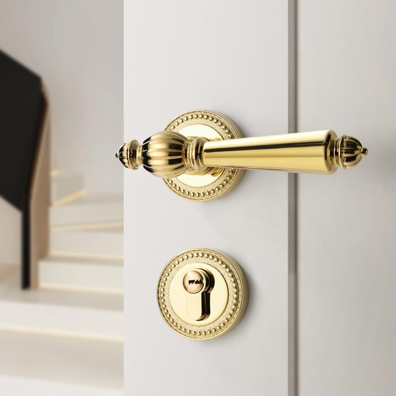 法式卧室门锁分体静音PVD金色房间木门奶油风机械门把手手柄锁具