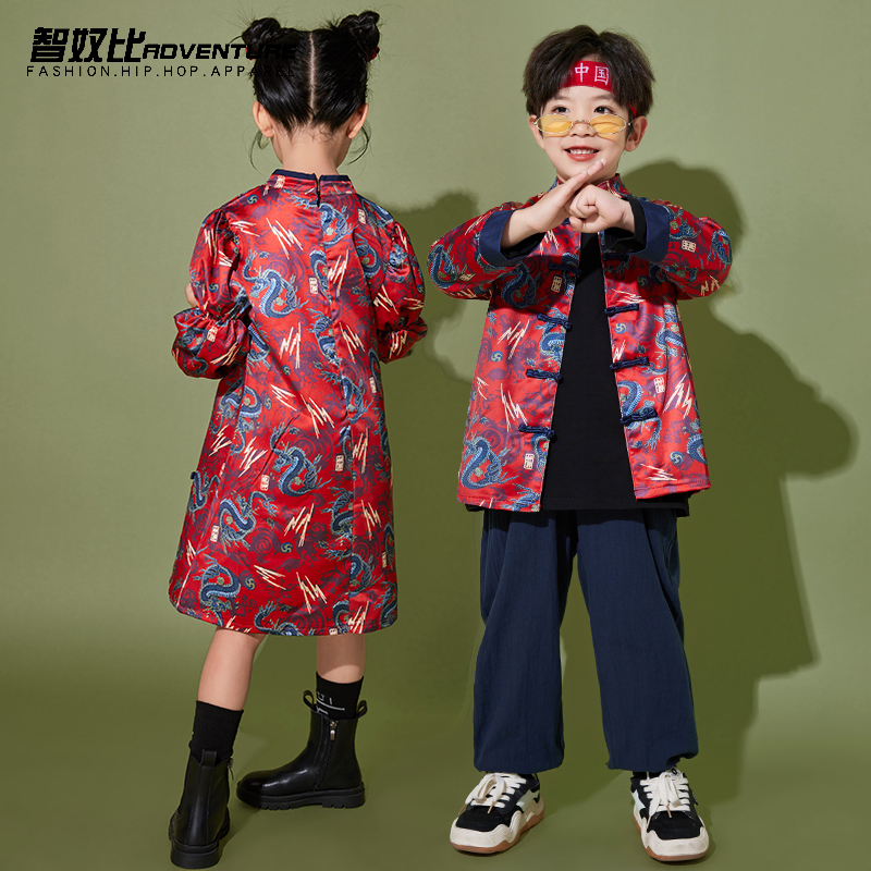 儿童国潮汉服男童唐装中国风套装女童旗袍合唱服元旦啦啦队演出服