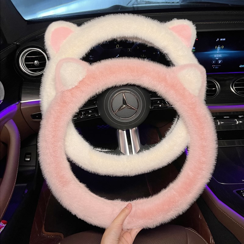 汽车方向盘套冬季濑兔毛网红猫耳装饰奥迪奔驰保暖防滑冬天车把套