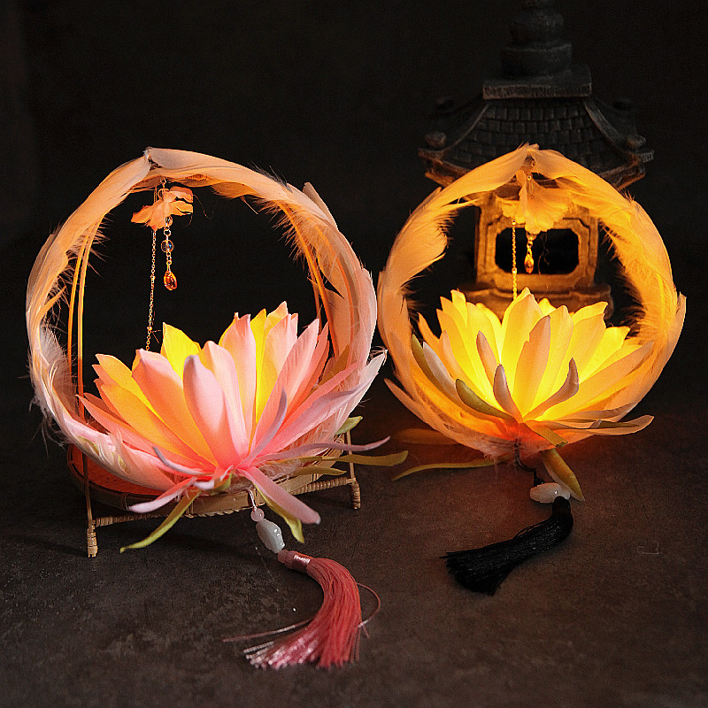 手提花灯羽毛花朵圆形竹灯宫灯夜灯新年中秋汉服舞蹈莲花发光灯笼