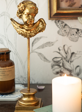 复古欧式金色浮雕手持梳妆镜天使摆件家居摆件轻奢网红拍摄道具