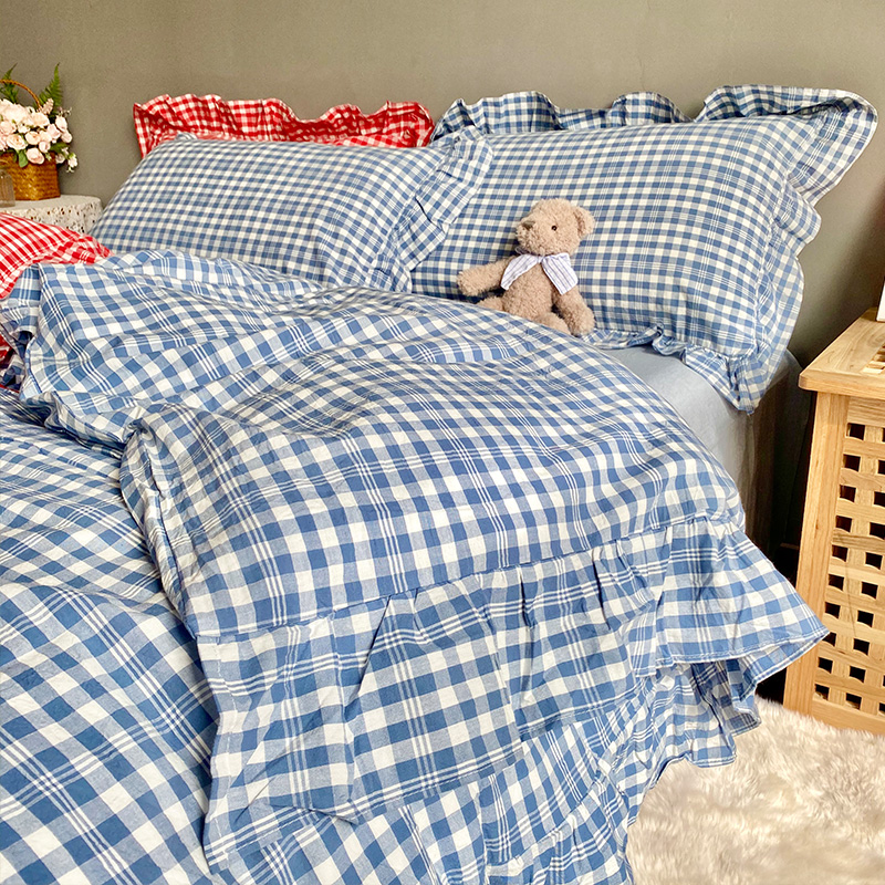 韩式花边四件套小清新格子被套全棉床单田园少女心床品公主风纯棉
