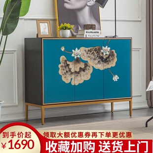 美式实木鞋柜家用门口玄关一体进门入户鞋柜边柜手工荷花彩绘整装