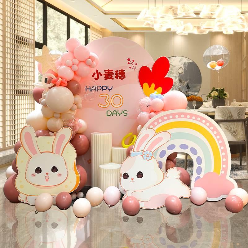 兔宝宝周岁生日布置百天宴场景儿童装饰主题气球背景墙kt展板定制