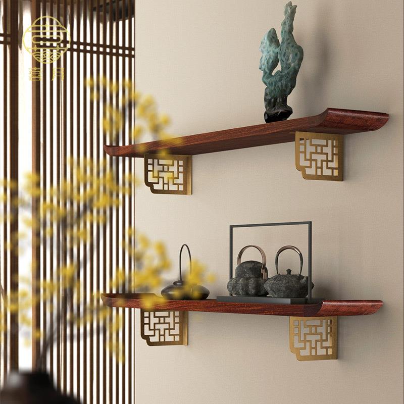 喜月中式原木免钉墙上实木置物板一字板玄关隔板支架电视柜壁挂h^