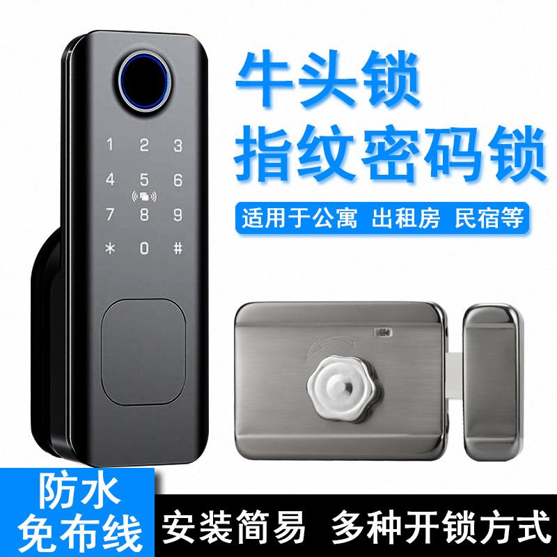 智能牛头锁刷卡指纹锁铁门老式防盗门不锈钢门户外庭院防水密码锁