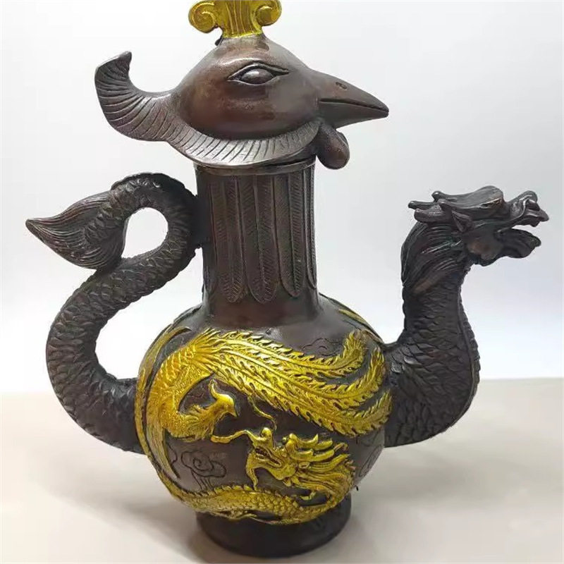 仿古纯铜龙凤酒壶龙凤呈祥茶壶家居办公室摆设工艺品批发铜器杂项