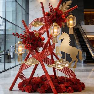 红色花艺仿真花造景竹编高级感逼真假花店铺春节过新年装饰摆件
