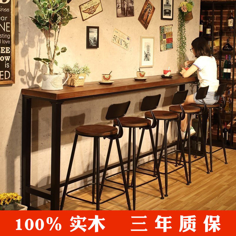 美式铁艺实木家用吧台桌网红奶茶店靠墙长条酒吧复古高脚桌椅组合