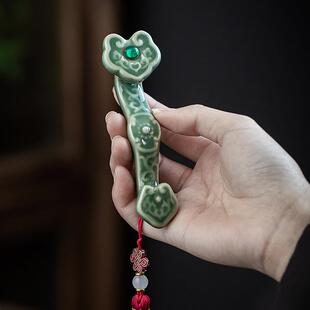 梅子青如意摆件吉祥玉如意客厅中式办公茶室陶瓷工艺品摆件
