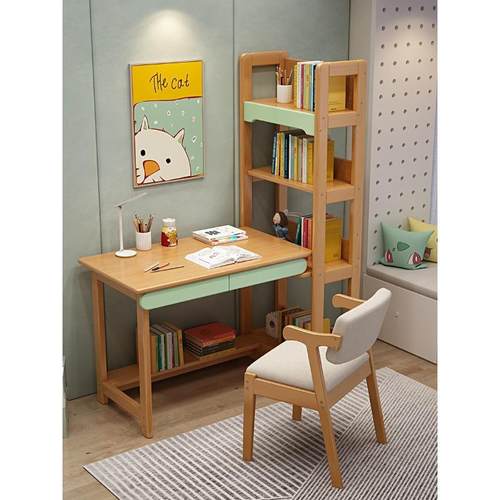 实木书桌书架组合书柜一体电脑桌家用学生儿童学习写字台转角靠窗