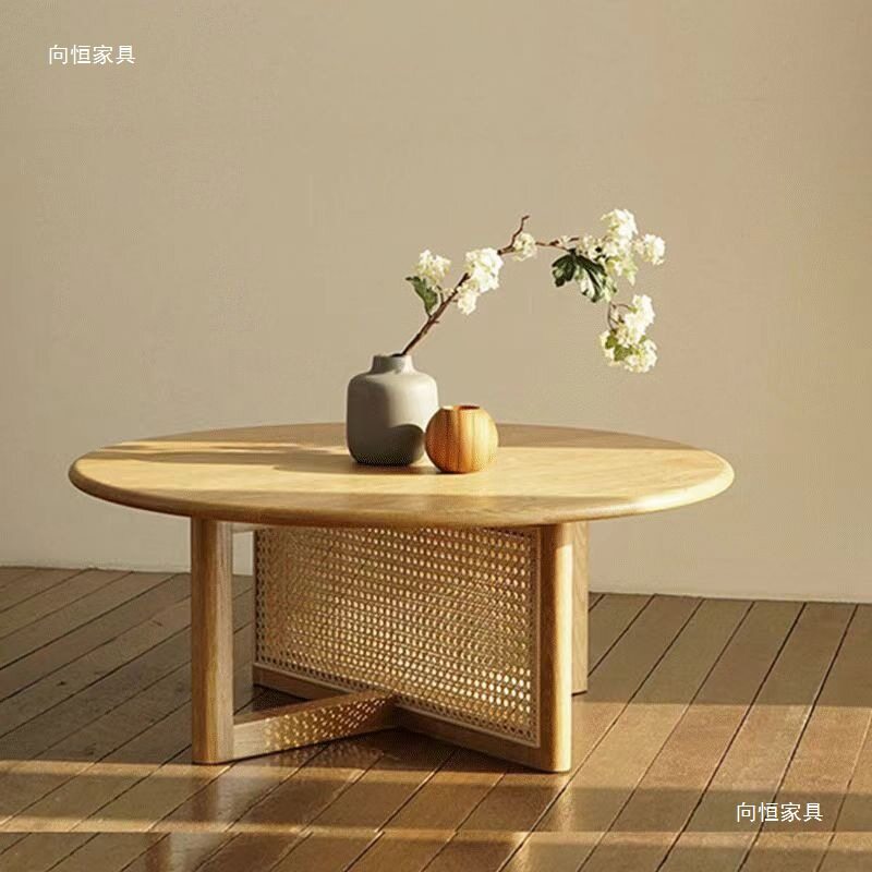 客厅原木民宿小户型家用藤编日式简约阳台茶几实木圆形桌子茶桌