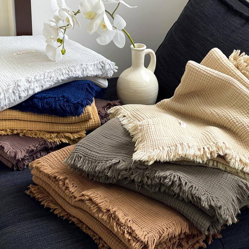 简约美学层绉纱单人可水毯洗全棉流苏毯公室车652四载毯午睡盖办