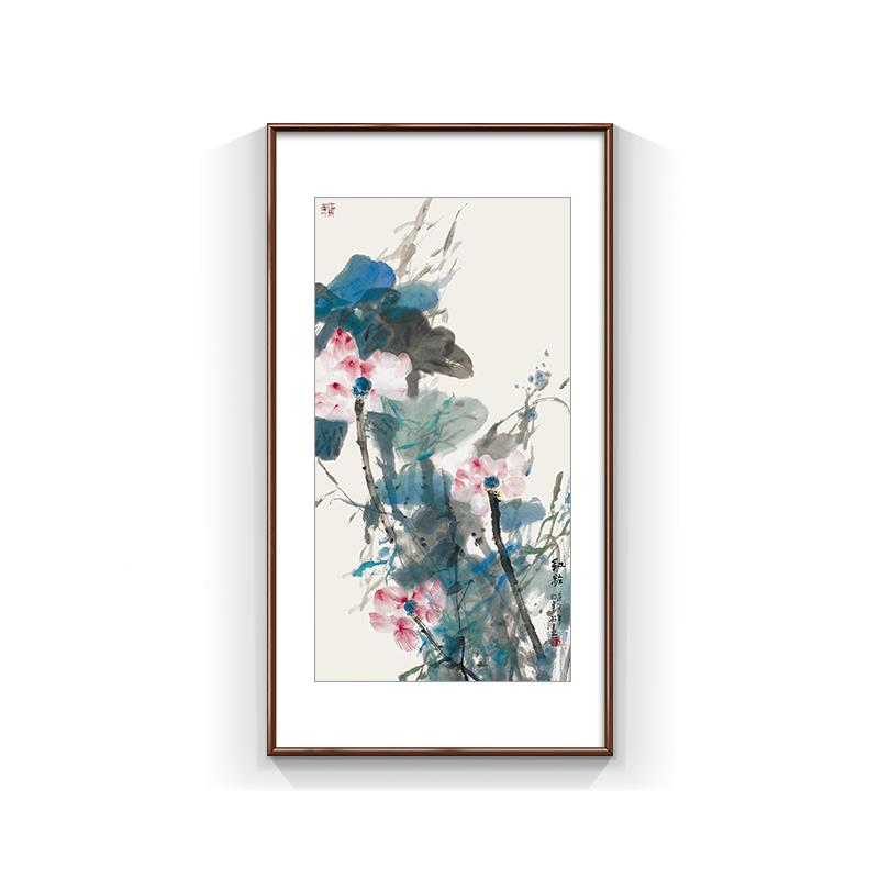 新中式国廊画墨荷真趣荷花挂画入水户走款F玄关装饰画书房竖塘版
