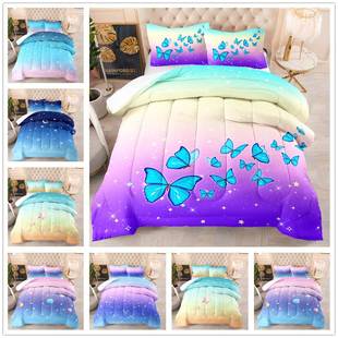 彩色渐变被子蝴蝶羽丝棉被褥数码印花被芯外贸欧美