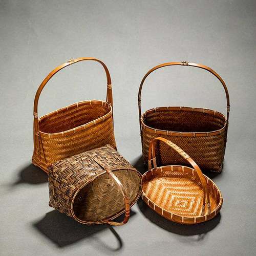 中式仿古竹编提篮紫竹提手无盖食盒果篮竹篮做旧手提篮茶具收纳盒