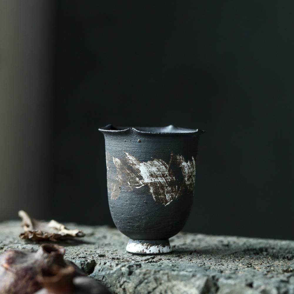 晴先生化妆土手绘花口杯山间茶具日式手工家用粗陶茶杯品茗杯