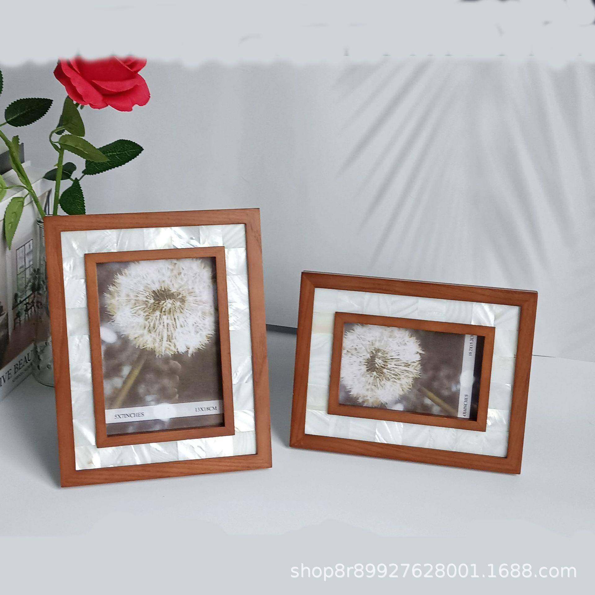 水曲柳实木镶嵌天然白贝横式竖式相框摆台，简约实木边框镶贝壳