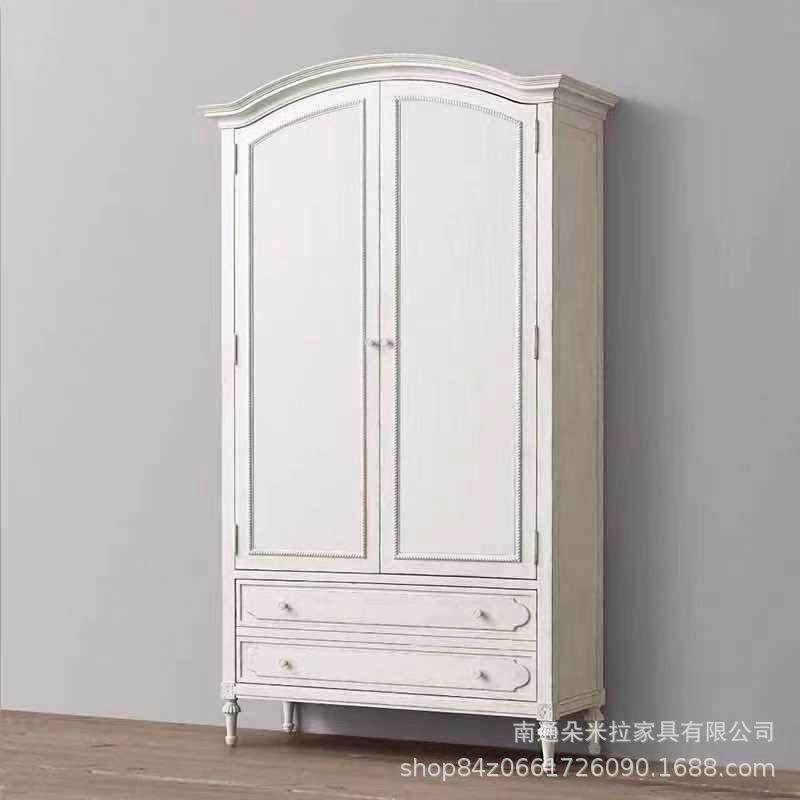 美式乡村实木橡木复古做旧白色雕花两门卧室儿童衣柜